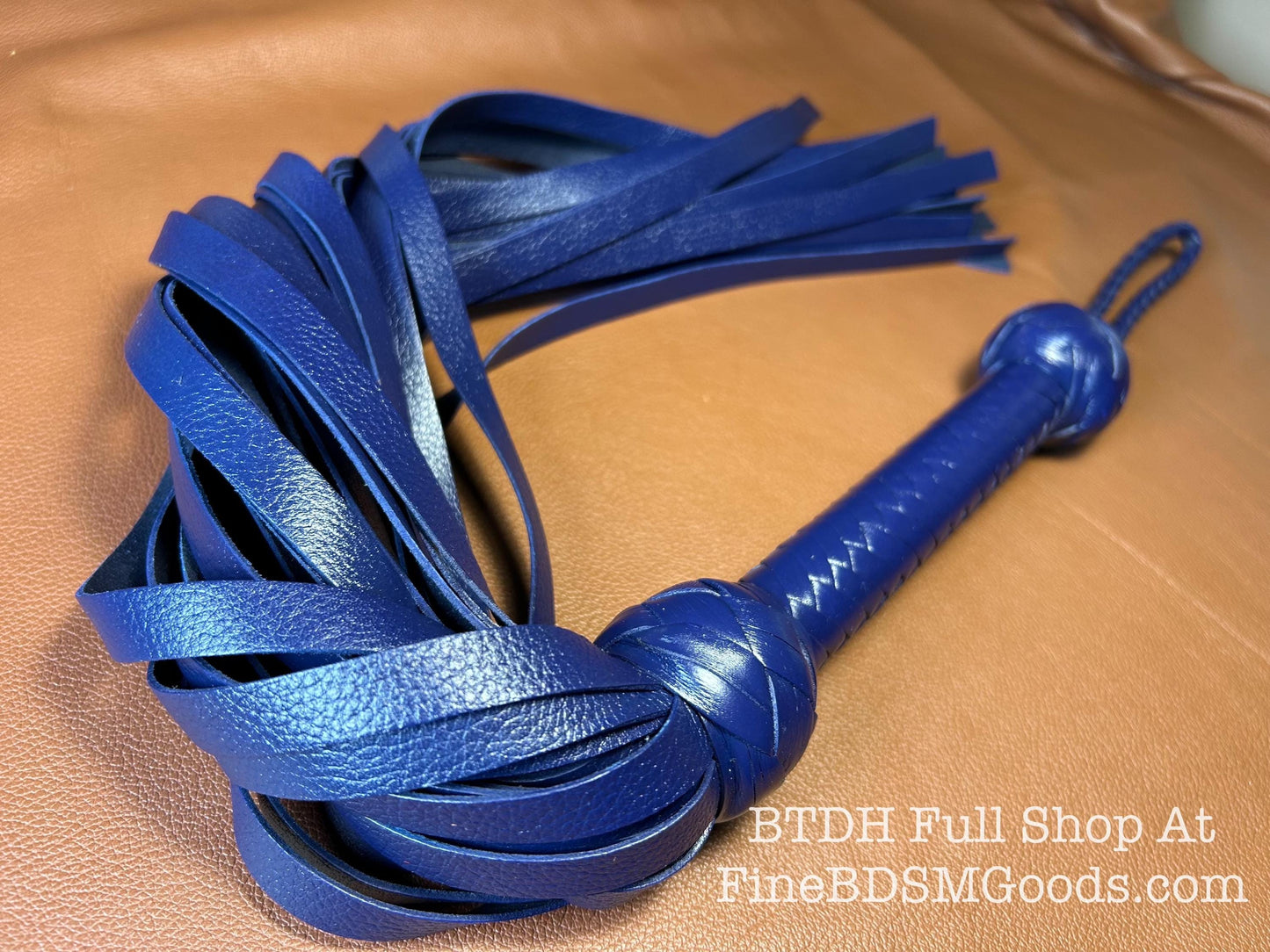 Classic Short Handle Flogger  Midnight Blue Lush Leather  Elegant Timeless Luxury  29 Inches