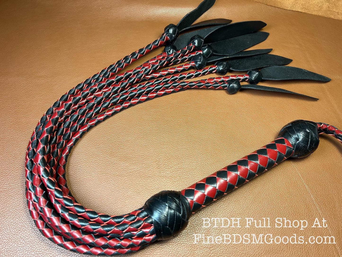 Dagger Tip Flogger  Two Color Aztec Red Black Satin  Cat O Nine Tails  Wide Spade Shaped Tips  32 Inches