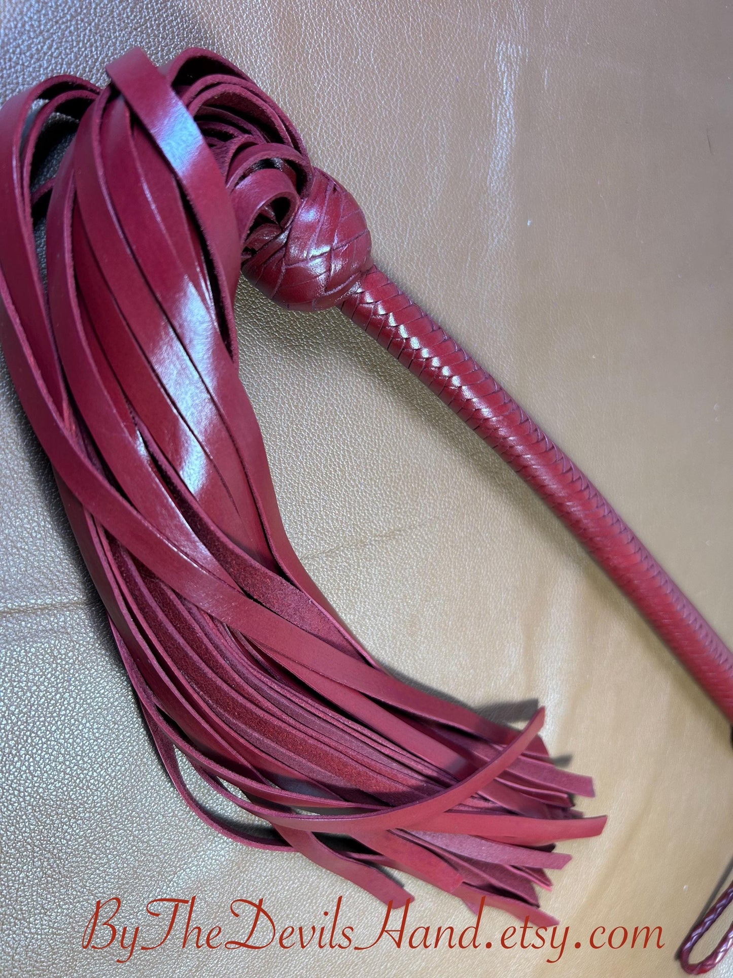 The Opus Flogger  Long Handle  Long Falls  Aztec Red  Lush Rich Color Leather  34 Inches