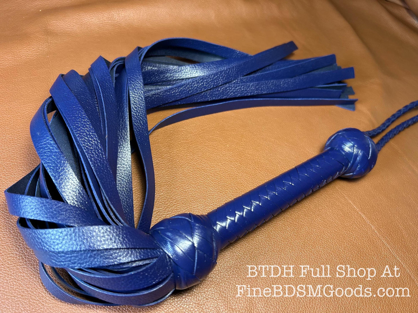 Classic Short Handle Flogger  Midnight Blue Lush Leather  Elegant Timeless Luxury  29 Inches