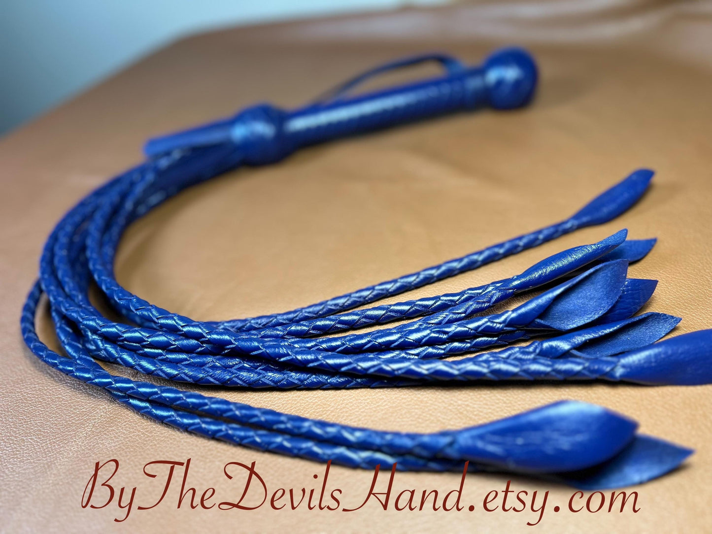 Cat Of Nine Tails  Short Handle  Midnight Blue  Lush Rich Color Leather  30 Inches  Cat O Nine Tails