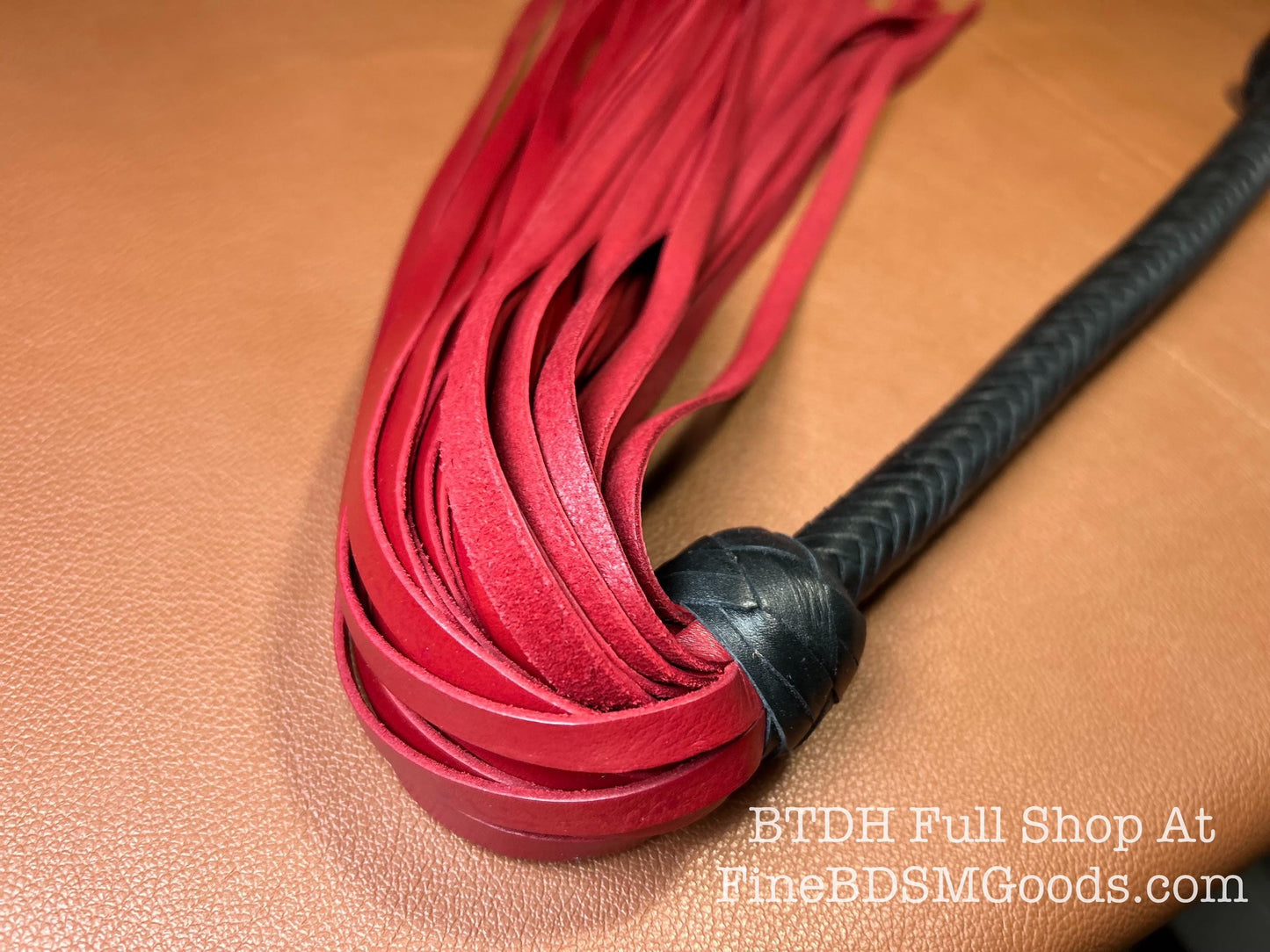 The Opus Flogger  Two Color Long Handle  Long Falls  Black Satin Aztec Red  Lush Rich Color Leather  34 Inches