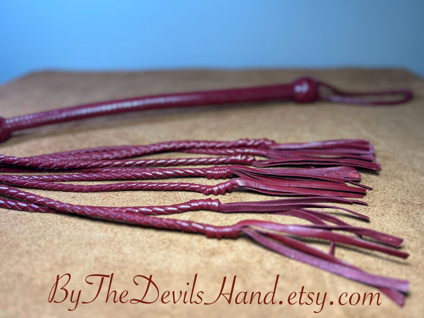 Cat Of Nine Tails  Long Handle  Aztec Red  Lush Rich Color Leather  39 Inches  Cat O Nine Tails