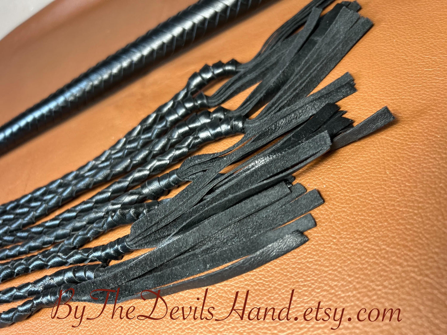 Cat Of Nine Tails  Long Handle  Black Satin  Lush Rich Color Leather  39 Inches  Cat O Nine Tails