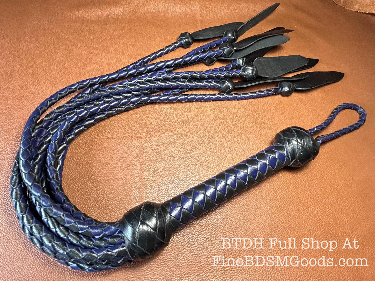 Dagger Tip Flogger  Two Color Midnight Blue Black Satin  Cat O Nine Tails  Wide Spade Shaped Tips  32 Inches