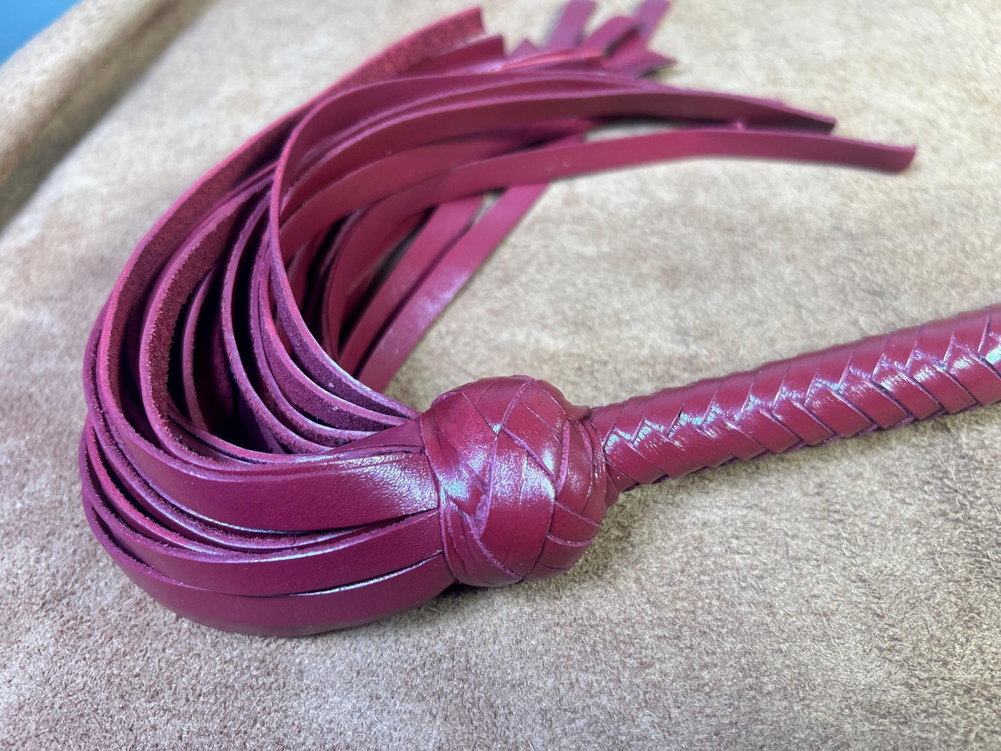 Lollipop Flogger - Long Handle Aztec Red - Lush Rich Color Leather - 34 Inches