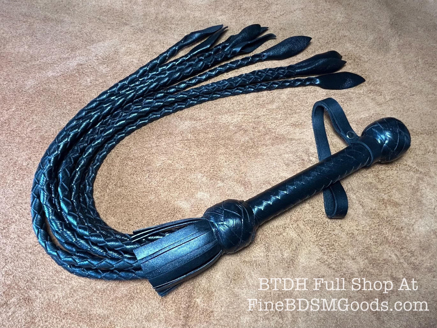 Cat Of Nine Tails  Short Handle  Black Satin  Lush Rich Color Leather  30 Inches  Cat O Nine Tails