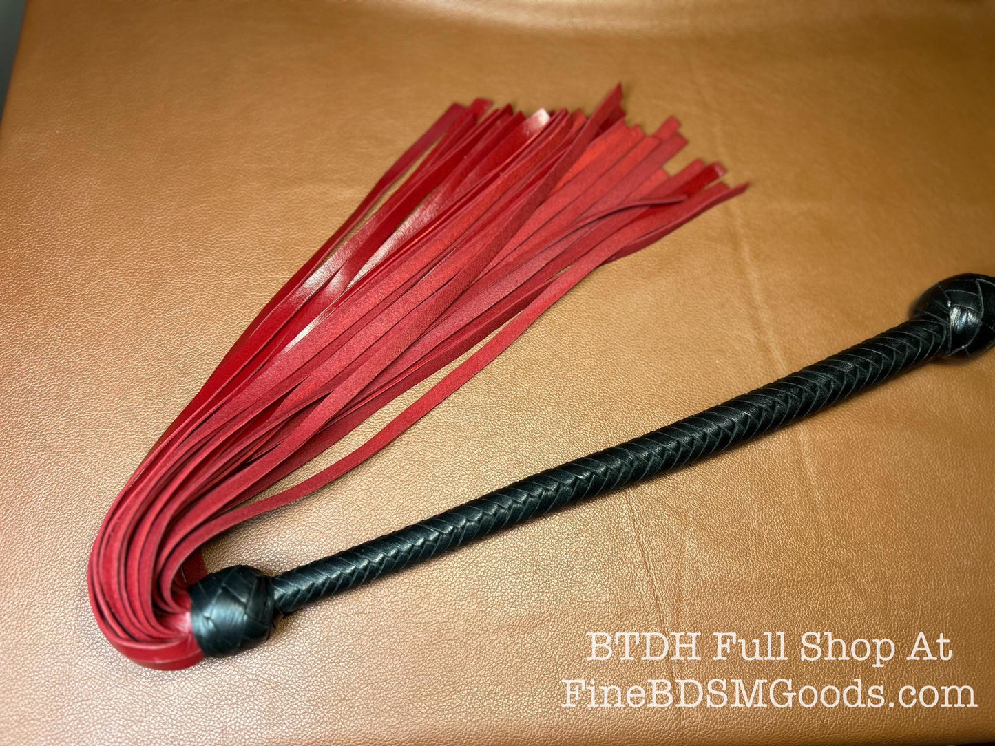 The Opus Flogger  Two Color Long Handle  Long Falls  Black Satin Aztec Red  Lush Rich Color Leather  34 Inches