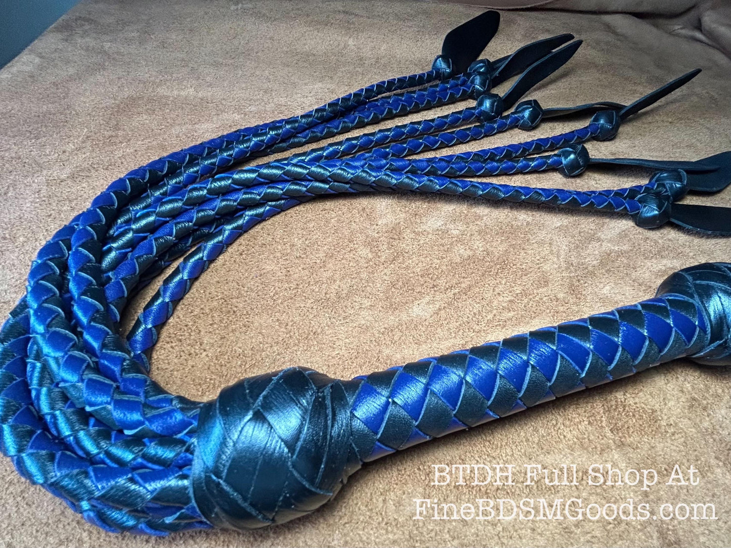 Dagger Tip Flogger  Two Color Midnight Blue Black Satin  Cat O Nine Tails  Wide Spade Shaped Tips  32 Inches