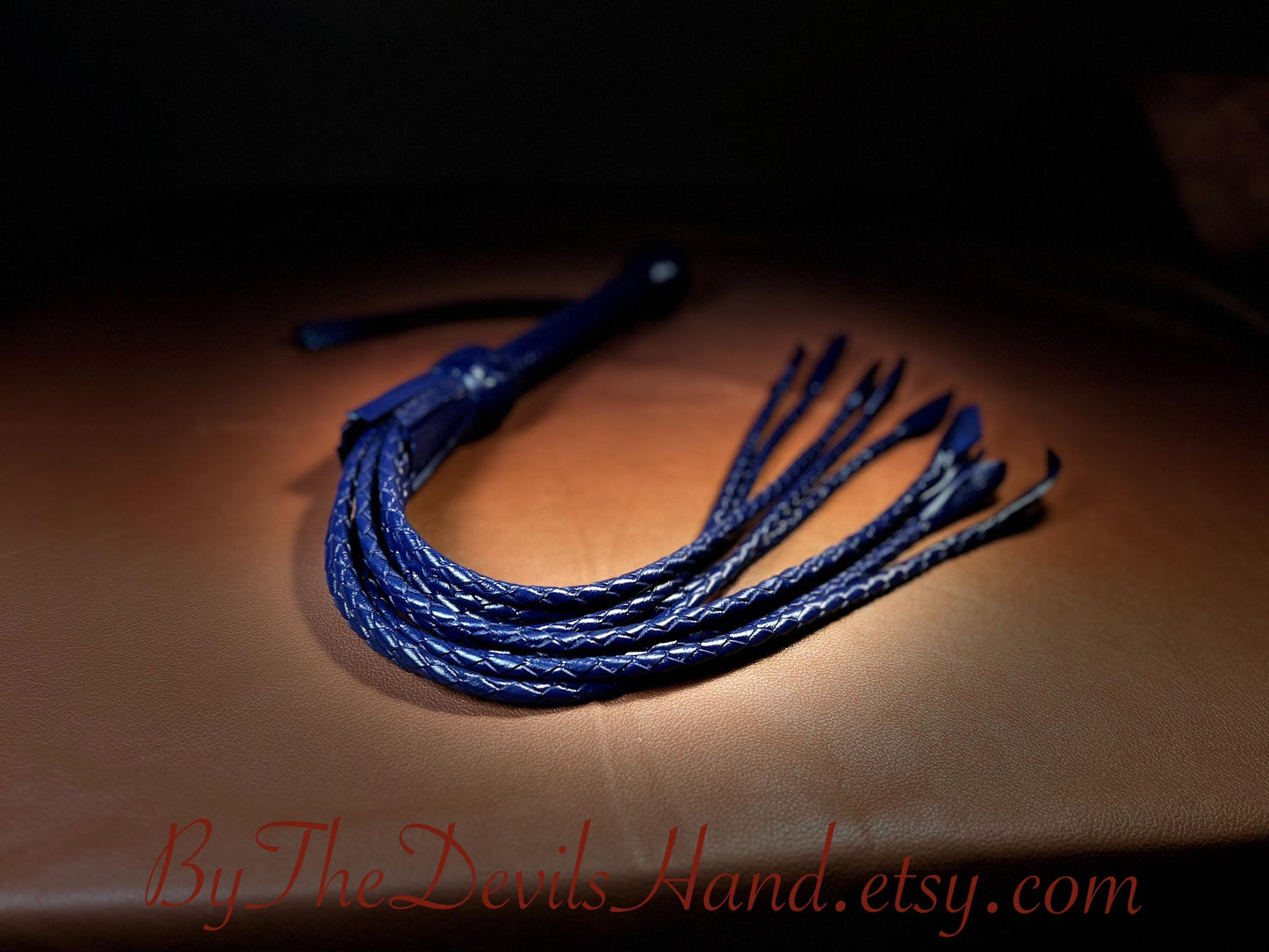 Cat Of Nine Tails  Short Handle  Midnight Blue  Lush Rich Color Leather  30 Inches  Cat O Nine Tails