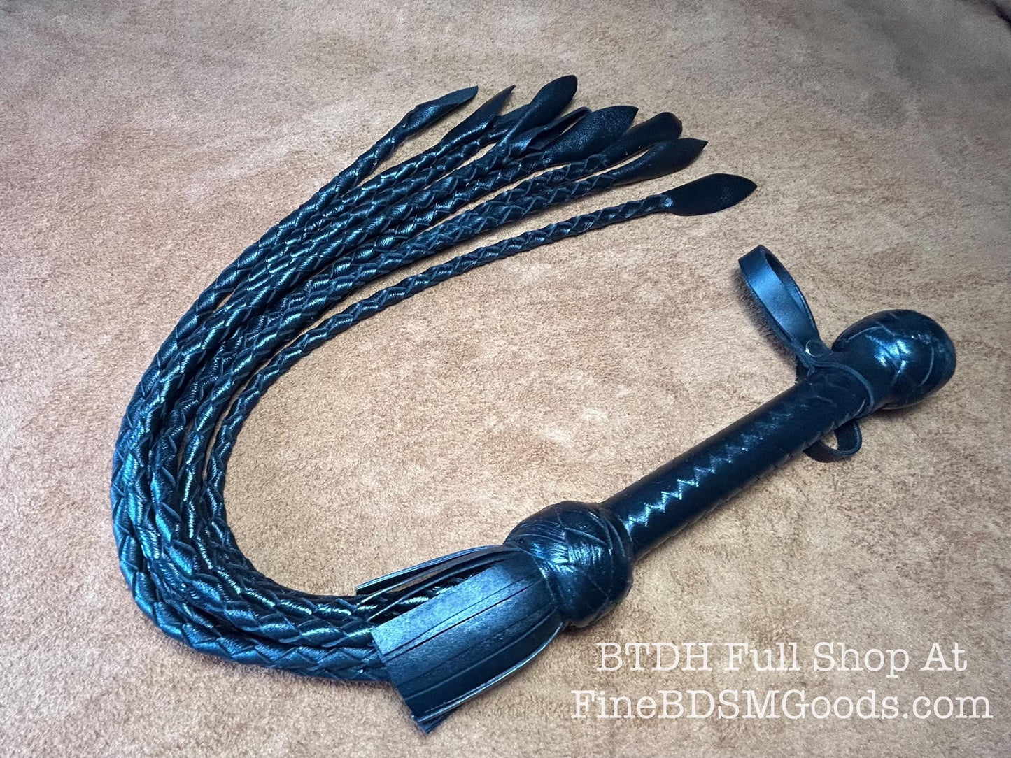 Cat Of Nine Tails  Short Handle  Black Satin  Lush Rich Color Leather  30 Inches  Cat O Nine Tails