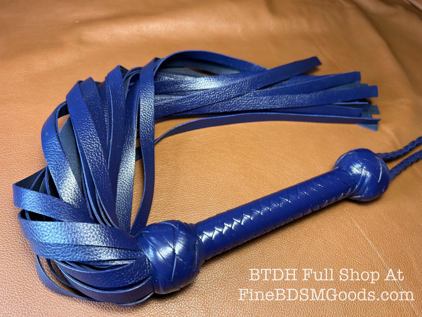 Classic Short Handle Flogger  Midnight Blue Lush Leather  Elegant Timeless Luxury  29 Inches