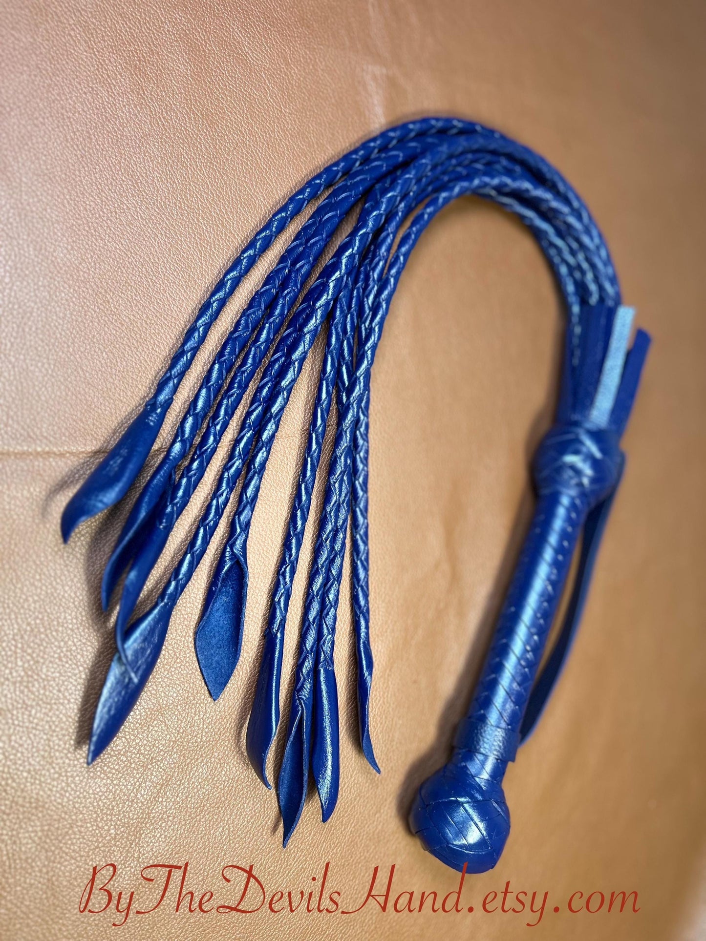 Cat Of Nine Tails  Short Handle  Midnight Blue  Lush Rich Color Leather  30 Inches  Cat O Nine Tails