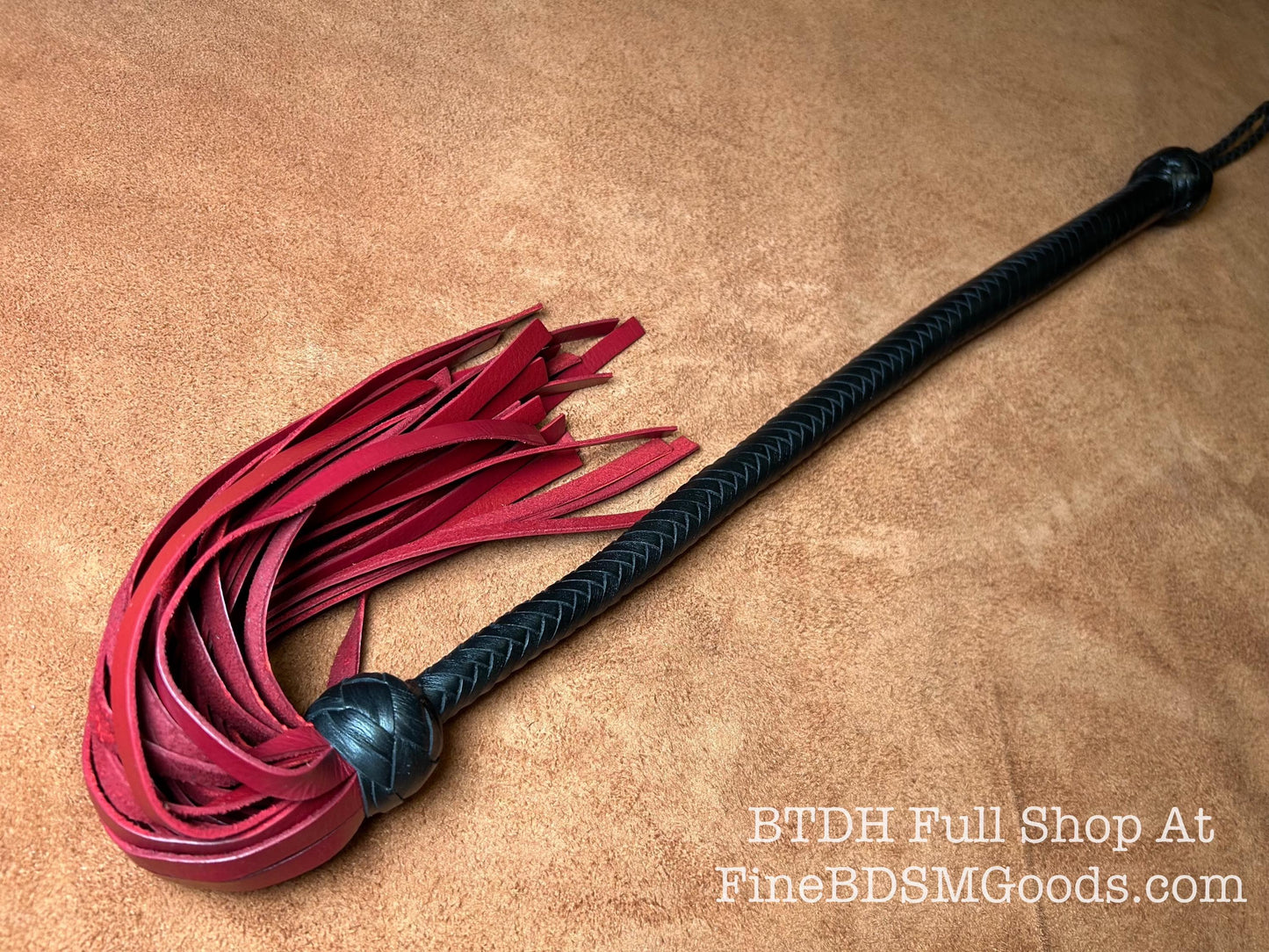 Lollipop Flogger - Two Color Long Handle Black Satin Aztec Red - Lush Rich Color Leather - 34 Inches
