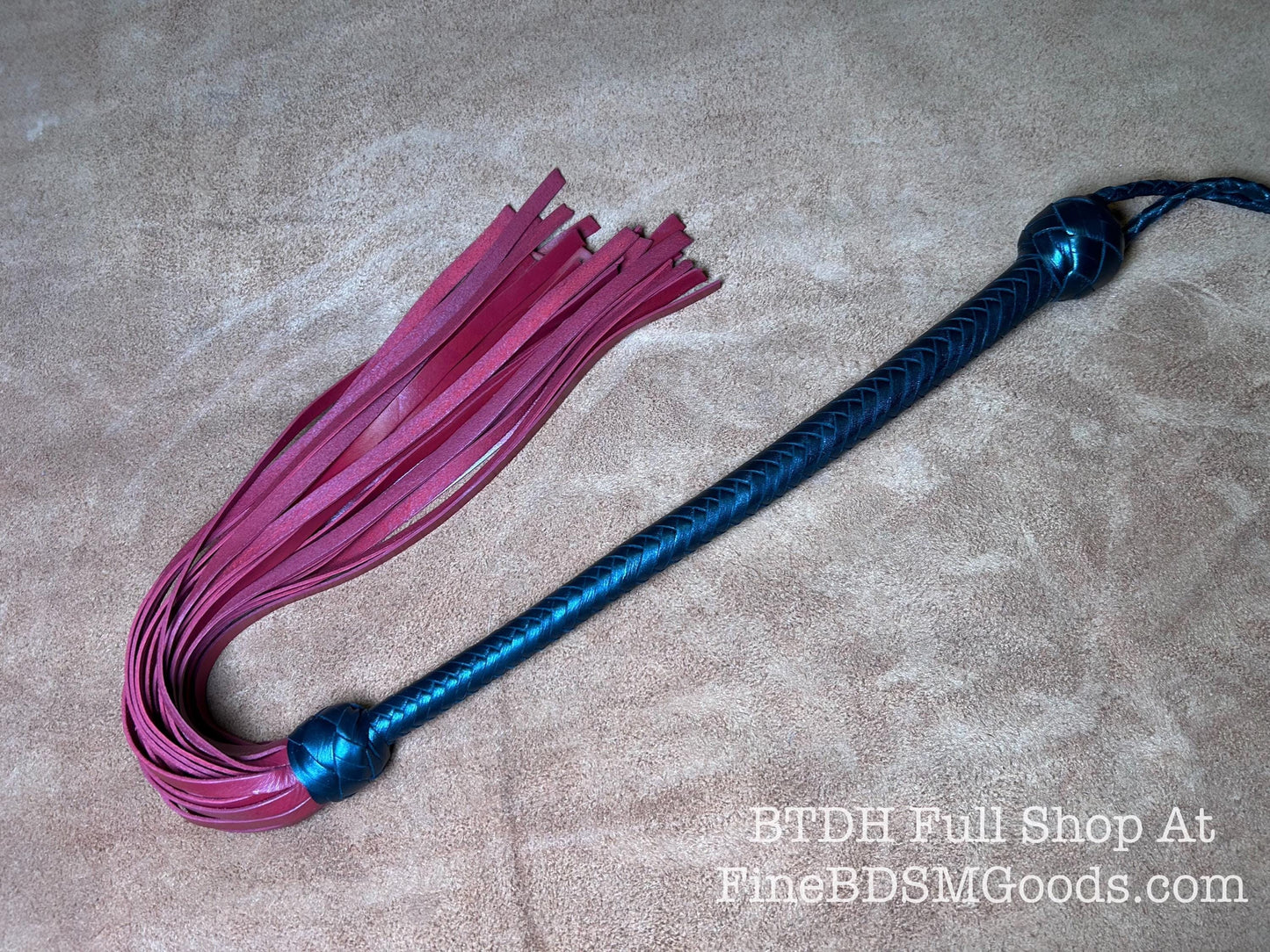 The Opus Flogger  Two Color Long Handle  Long Falls  Black Satin Aztec Red  Lush Rich Color Leather  34 Inches