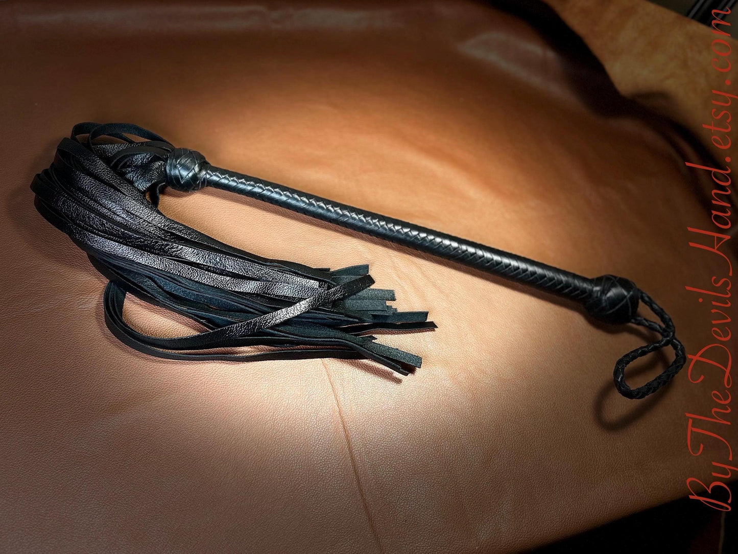 The Opus Flogger  Long Handle  Long Falls  Black Satin  Lush Rich Color Leather  34 Inches