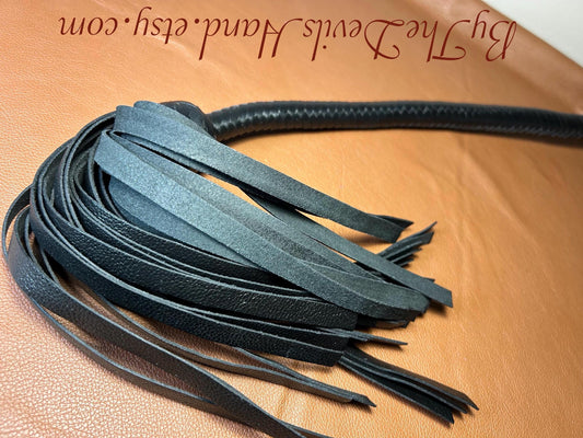Lollipop Flogger - Long Handle Black Satin - Lush Rich Color Leather - 34 Inches