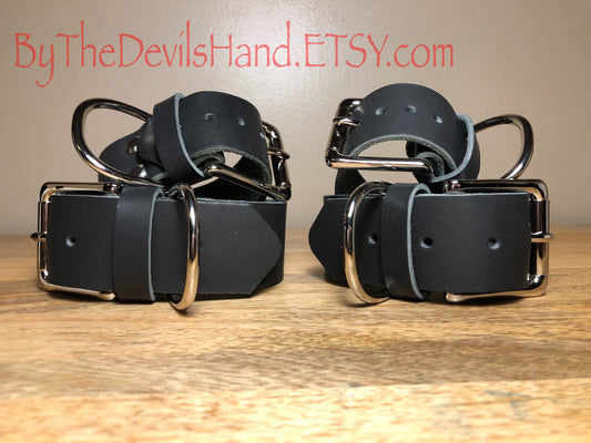 Wrist And Ankle Restraint Set - Handmade Horween Black Essex Super Soft Leather Straps (BKE-BE)