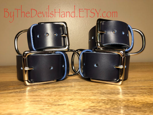 Wrist And Ankle Restraint Set - Handmade Cavalier Ink Pen Blue Leather Straps (CIP-BE)