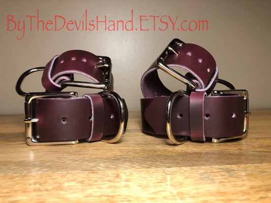 Wrist And Ankle Restraint Set - Handmade Cavalier Plum Purple Leather Straps (CPP-BE)