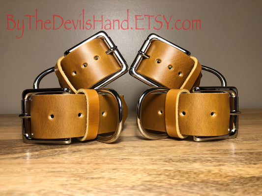 Wrist And Ankle Restraint Set - Handmade Cavalier Sunflower Gold Leather Straps (CSG-BE)