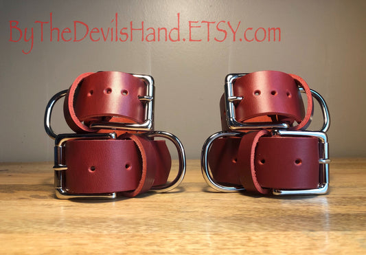 Wrist And Ankle Restraint Set - Handmade Cavalier London Bus Red Leather Straps (CBR-BE)