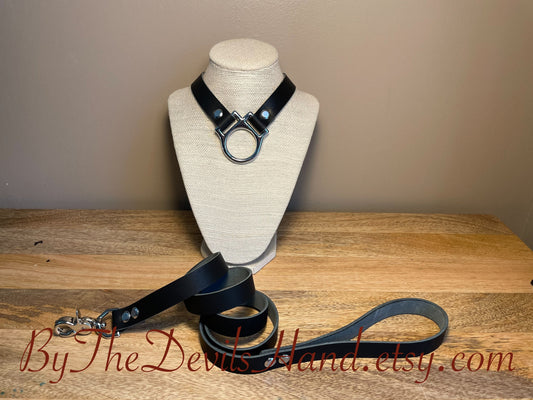 Leather Slave / Submissive Ownership Collar With Matching Leash In Horween Essex Super Soft Black Leather - Secure, Strong, Durable