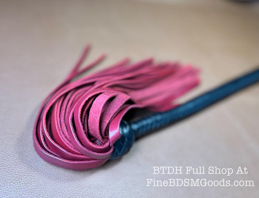 Lollipop Flogger - Two Color Long Handle Black Satin Aztec Red - Lush Rich Color Leather - 34 Inches