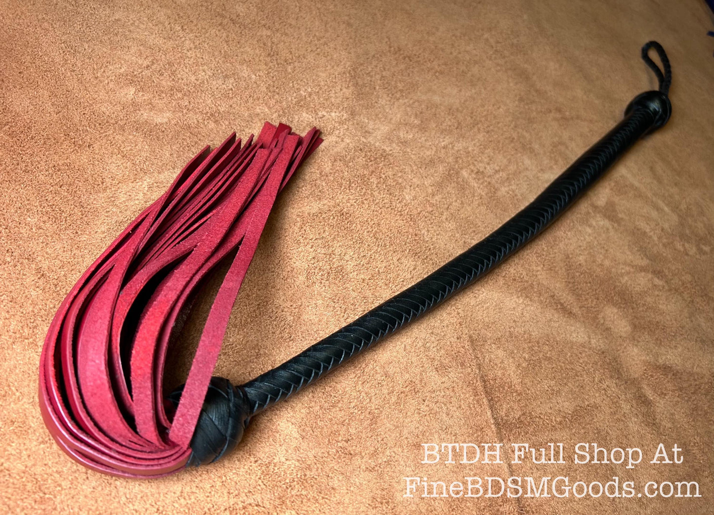 Lollipop Flogger - Two Color Long Handle Black Satin Aztec Red - Lush Rich Color Leather - 34 Inches