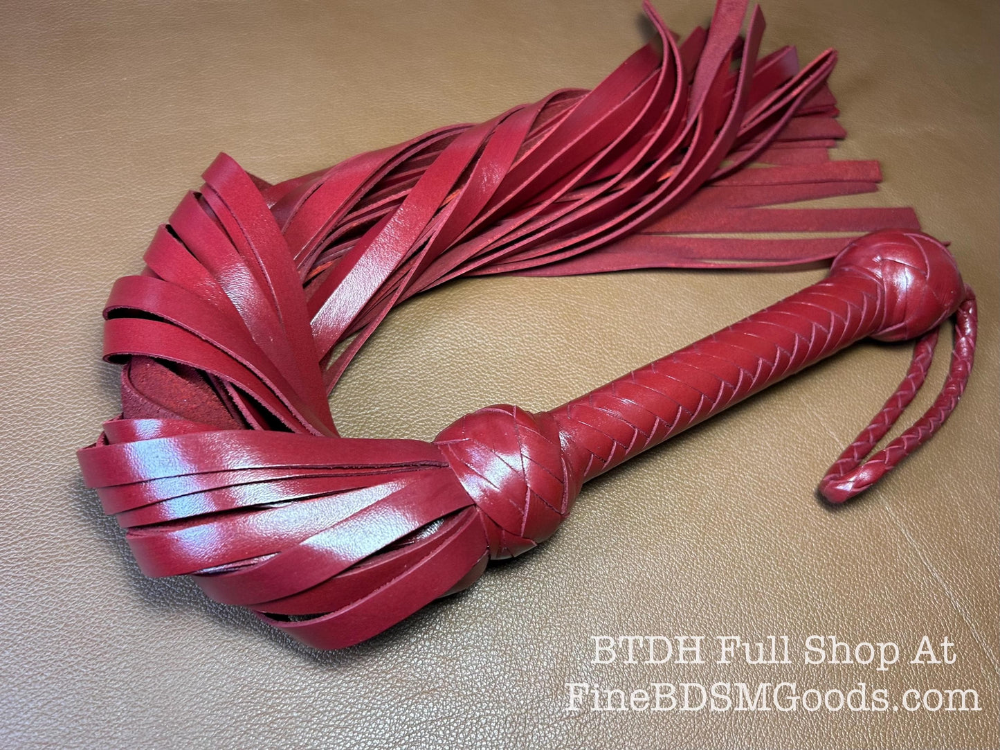 Classic Short Handle Flogger  Aztec Red Lush Leather  Elegant Timeless Luxury  29 Inches