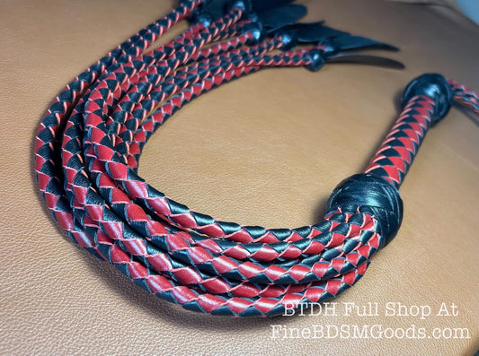 Dagger Tip Flogger  Two Color Aztec Red Black Satin  Cat O Nine Tails  Wide Spade Shaped Tips  32 Inches
