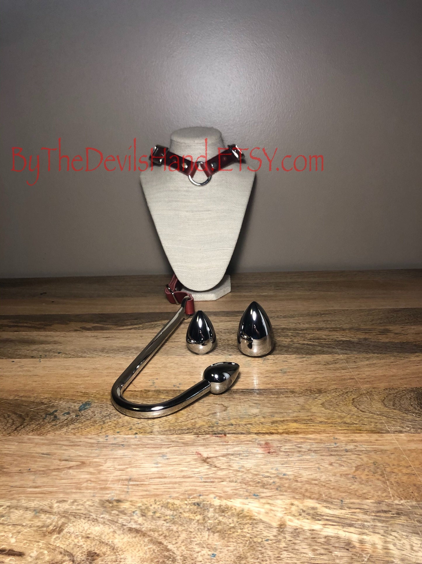 Anal Hook, Leather Collar and Rig Made of London Bus Red Cavalier Brand Leather- Three Interchangeable Hook Ends (CCB-BE)