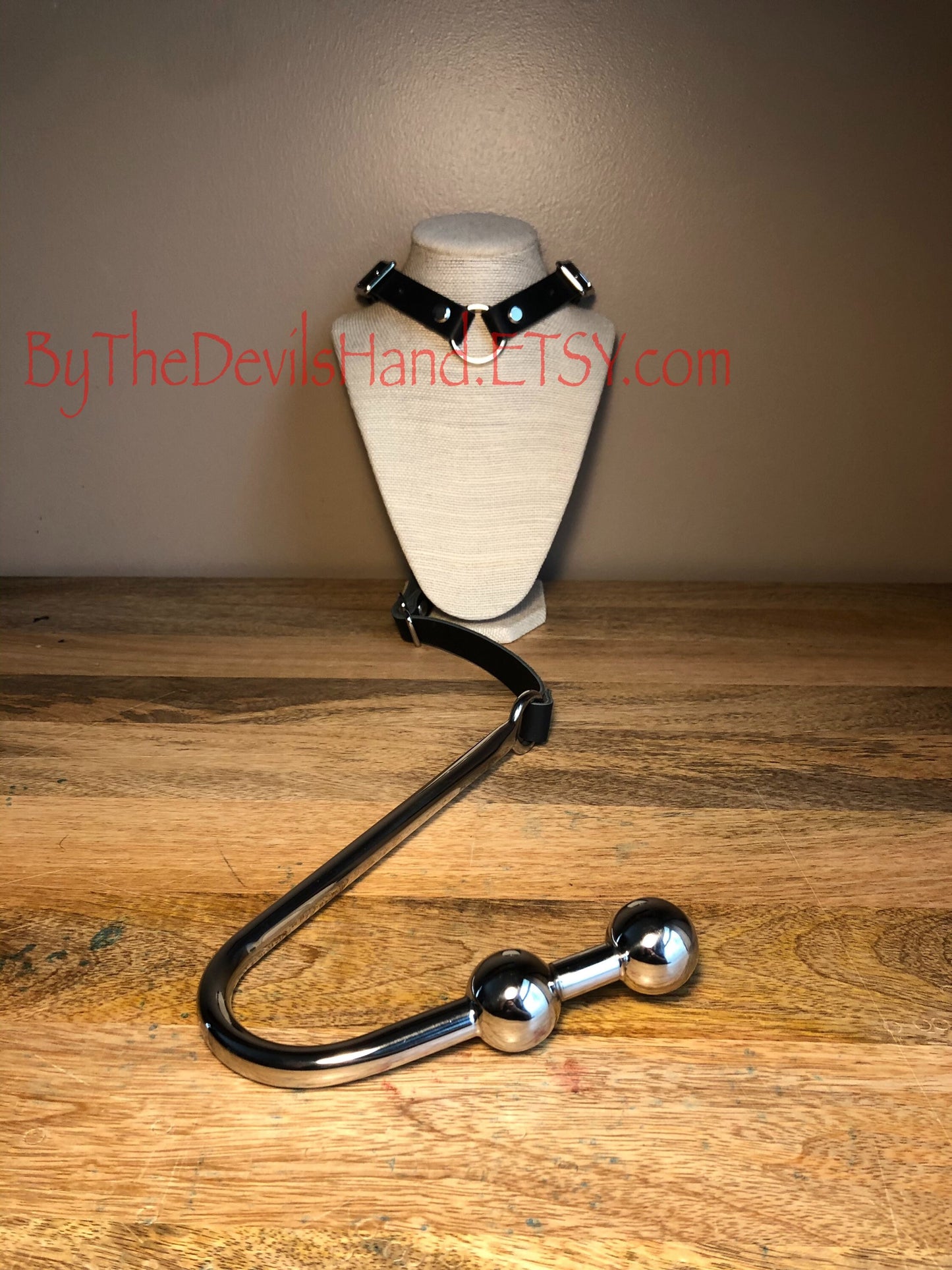 Premium Style - Anal Hook, Leather Collar and Rig Made of Black Essex Super Soft Horween Leather- Double Ball Hook Ends (BKE-BE)