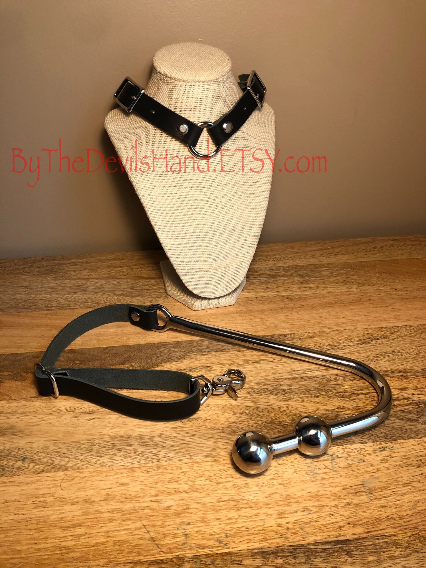 Premium Style - Anal Hook, Leather Collar and Rig Made of Black Essex Super Soft Horween Leather- Double Ball Hook Ends (BKE-BE)
