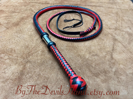 Hand Braided Leather Bull Whip: Satin Black And Fire Cracker Red 6ft